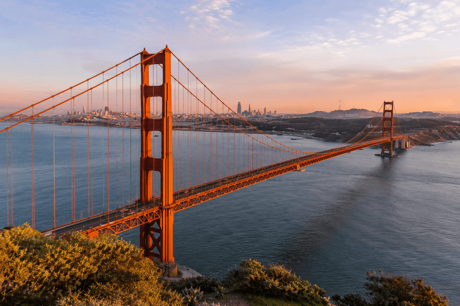 Golden Gate Bridge and San Francisco Bay at sunset, home of Bay Area flight deals from SFO, OAK, and SJC