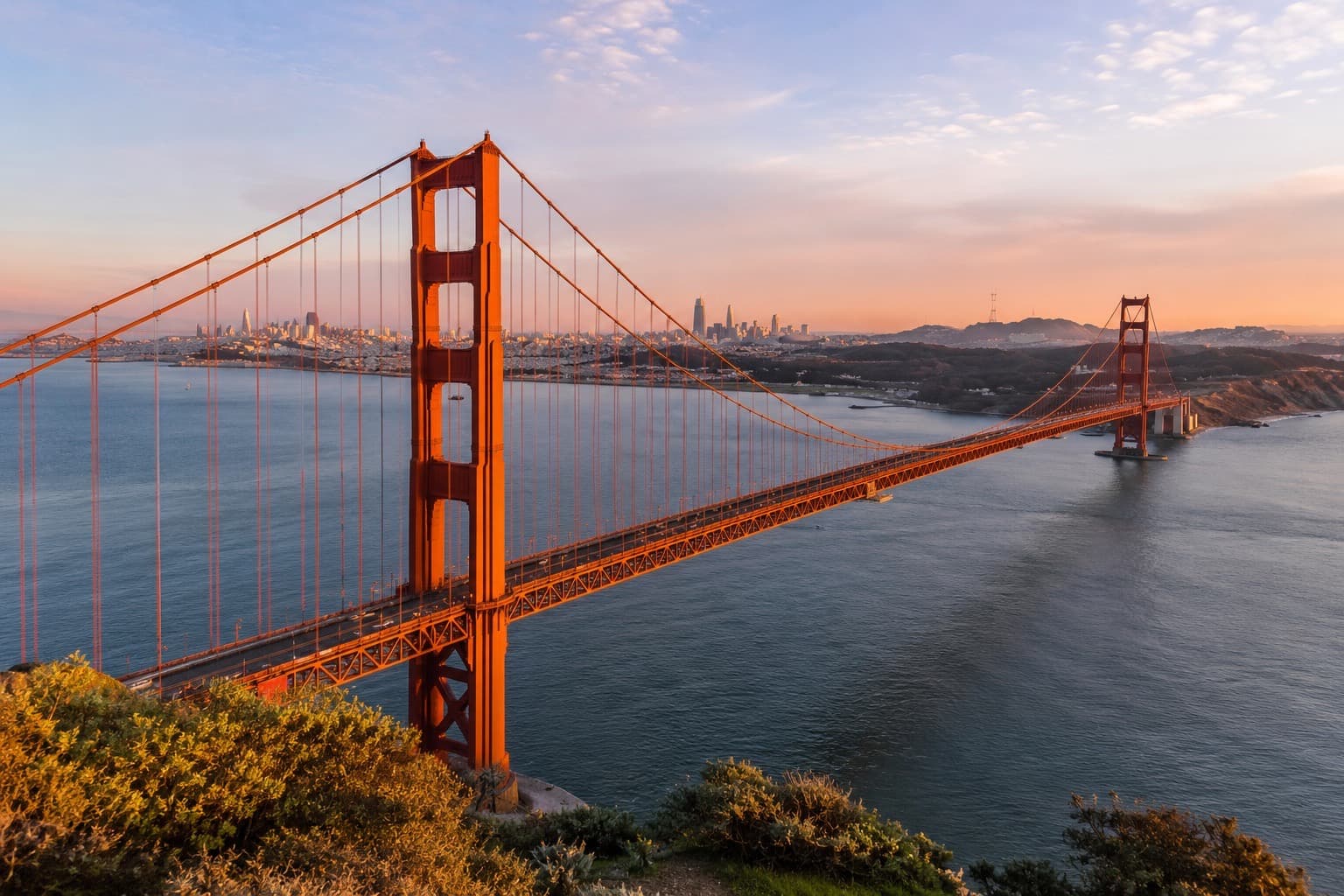 Golden Gate Bridge and San Francisco Bay at sunset, home of Bay Area flight deals from SFO, OAK, and SJC